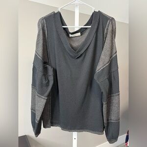 Women's Waffle Oversized Black and Gray V-Neck Blouse